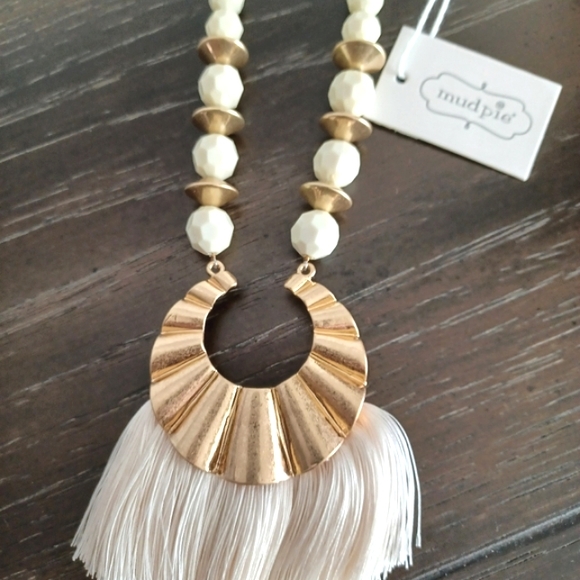 Mudpie Cream Beaded Tassel Statement Necklace with Gold-Tone Accents - Picture 3 of 4